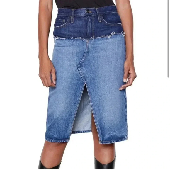NEW Frame Indigo Ombré Reconstructed Two-Tone Denim Jean Skirt size 27 - Picture 3 of 10
